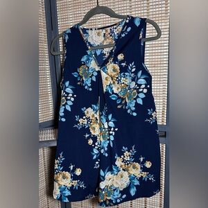 Navy Blue V-neck Sleeveless Blouse w/Yellow Rose Print
